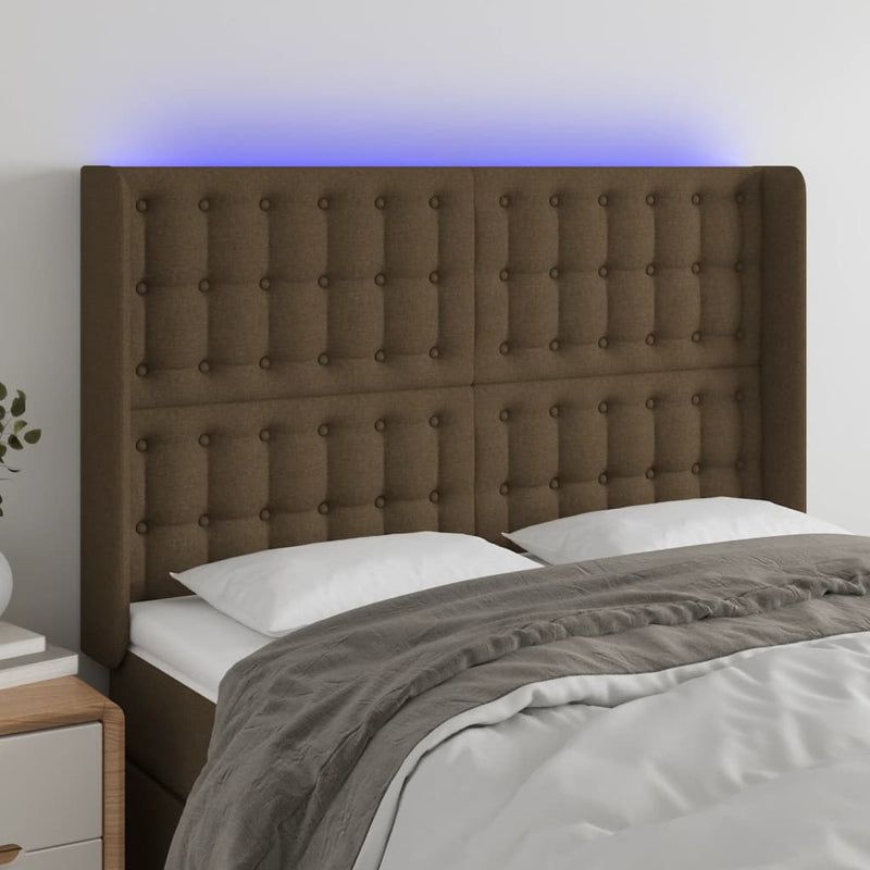 vidaXL sötétbarna szövet LED-es fejtámla 147x16x118/128 cm
