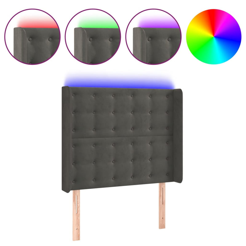 vidaXL sötétszürke bársony LED-es fejtámla 83x16x118/128 cm