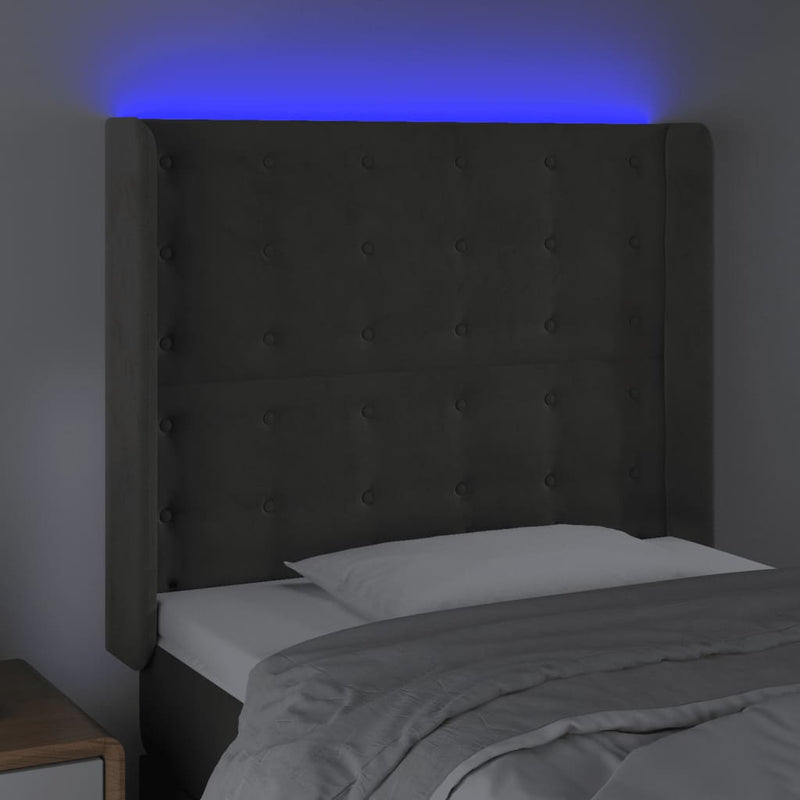 vidaXL sötétszürke bársony LED-es fejtámla 83x16x118/128 cm