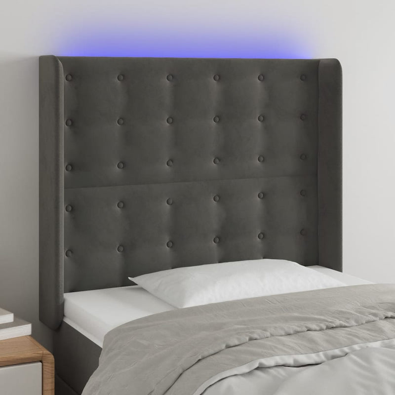 vidaXL sötétszürke bársony LED-es fejtámla 103x16x118/128 cm