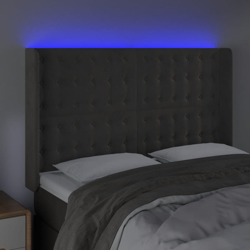 vidaXL sötétszürke bársony LED-es fejtámla 147x16x118/128 cm