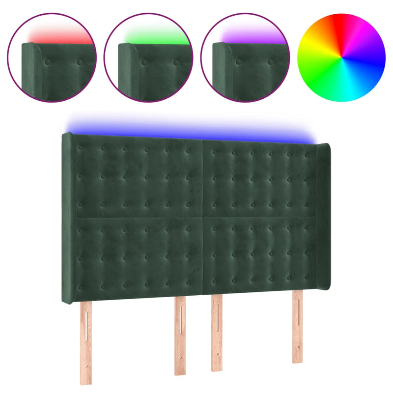 vidaXL sötétzöld bársony LED-es fejtámla 147x16x118/128 cm