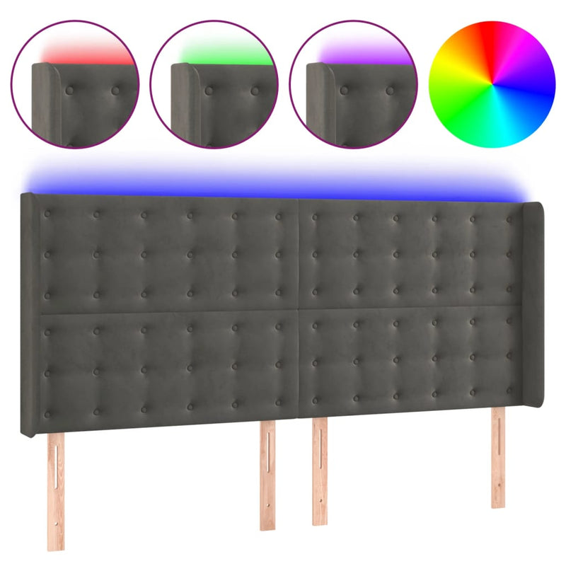 vidaXL sötétszürke bársony LED-es fejtámla 163x16x118/128 cm