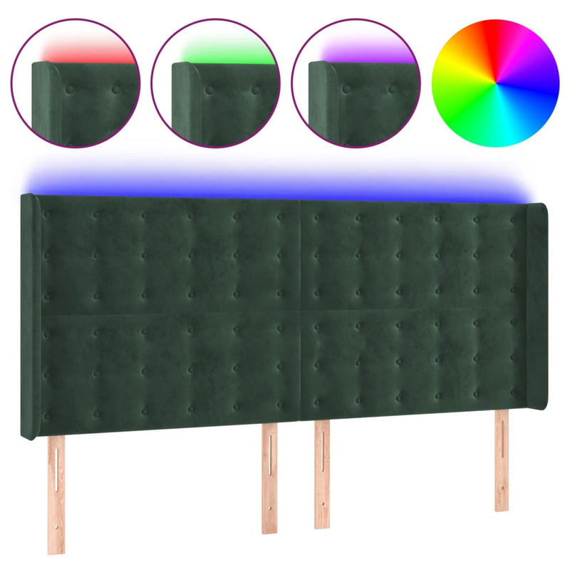 vidaXL sötétzöld bársony LED-es fejtámla 183x16x118/128 cm