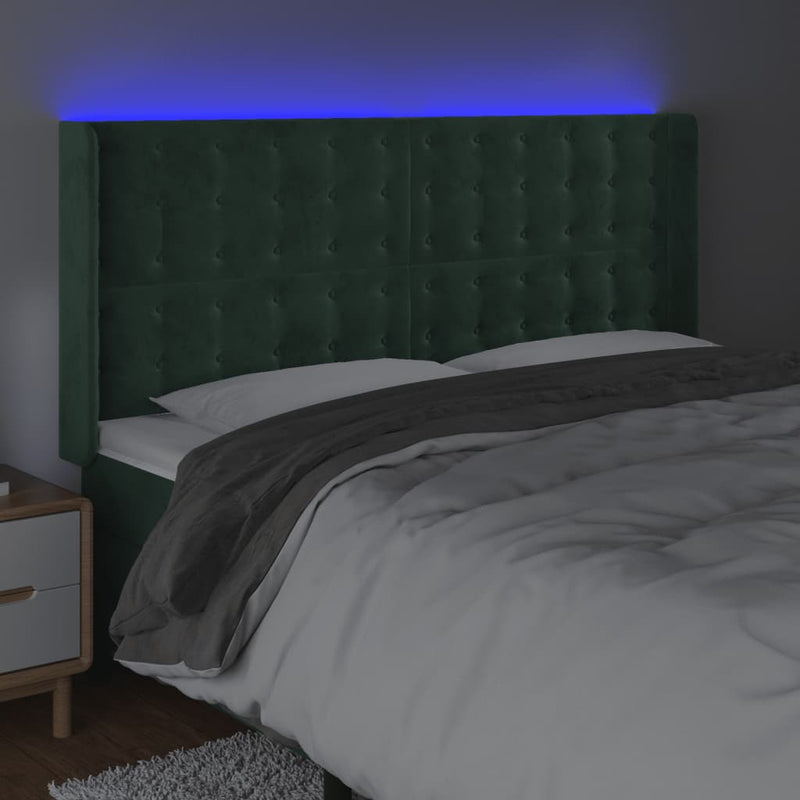 vidaXL sötétzöld bársony LED-es fejtámla 183x16x118/128 cm