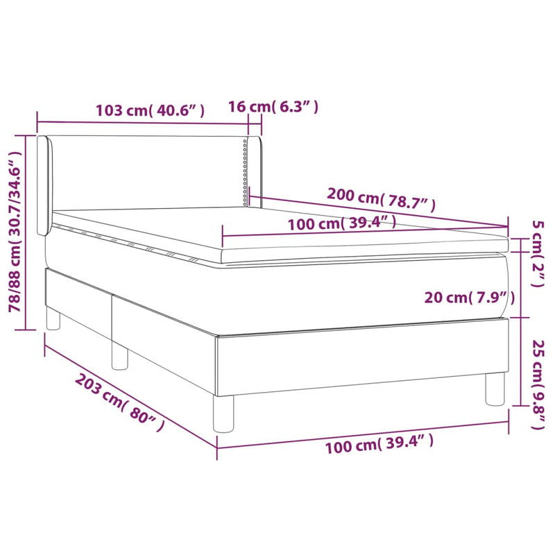 vidaXL világosszürke bársony rugós ágy matraccal 100 x 200 cm