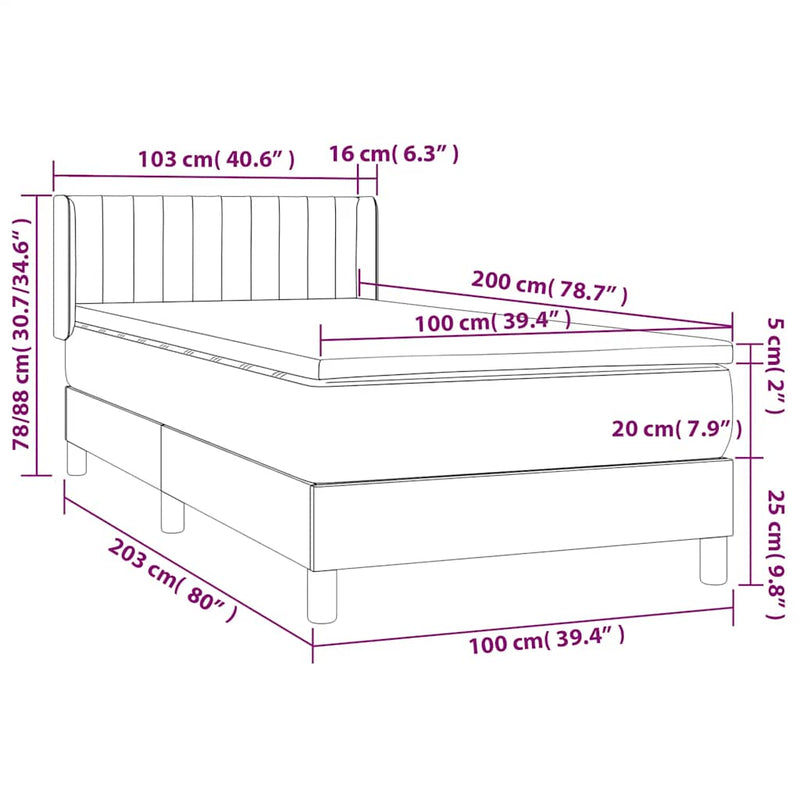 vidaXL világosszürke bársony rugós ágy matraccal 100 x 200 cm