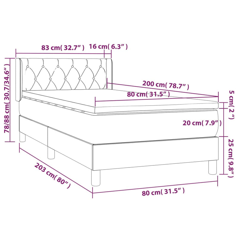 vidaXL világosszürke bársony rugós ágy matraccal 80 x 200 cm
