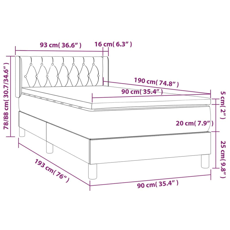 vidaXL fekete bársony rugós ágy matraccal 90x190 cm