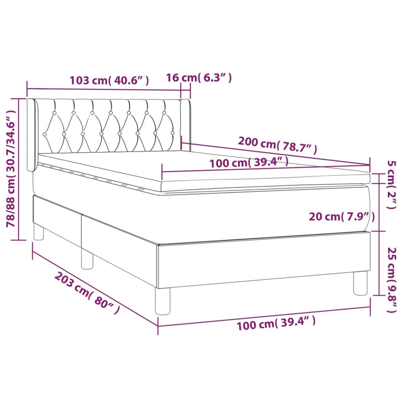 vidaXL világosszürke bársony rugós ágy matraccal 100 x 200 cm