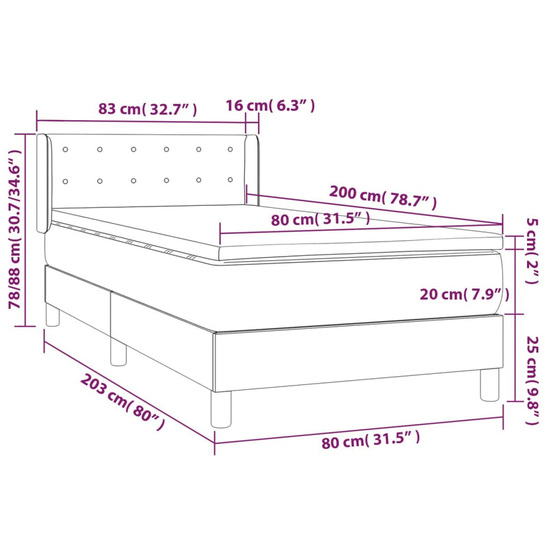 vidaXL sötétszürke bársony rugós ágy matraccal 80 x 200 cm
