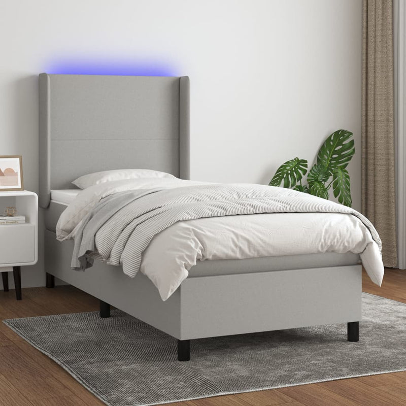 vidaXL világosszürke szövet rugós és LED-es ágy matraccal 90x190 cm