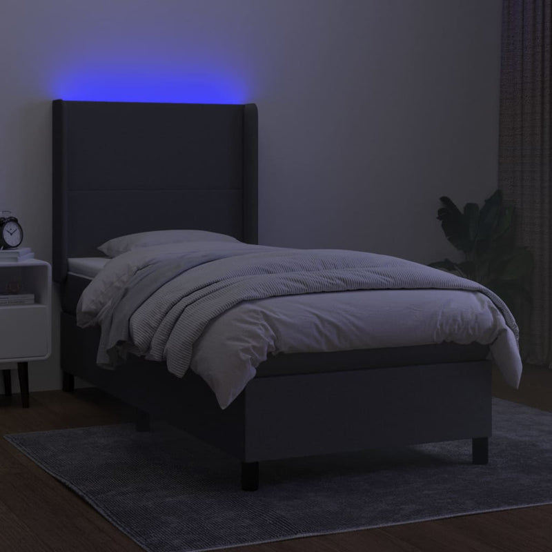 vidaXL sötétszürke szövet rugós és LED-es ágy matraccal 100x200 cm