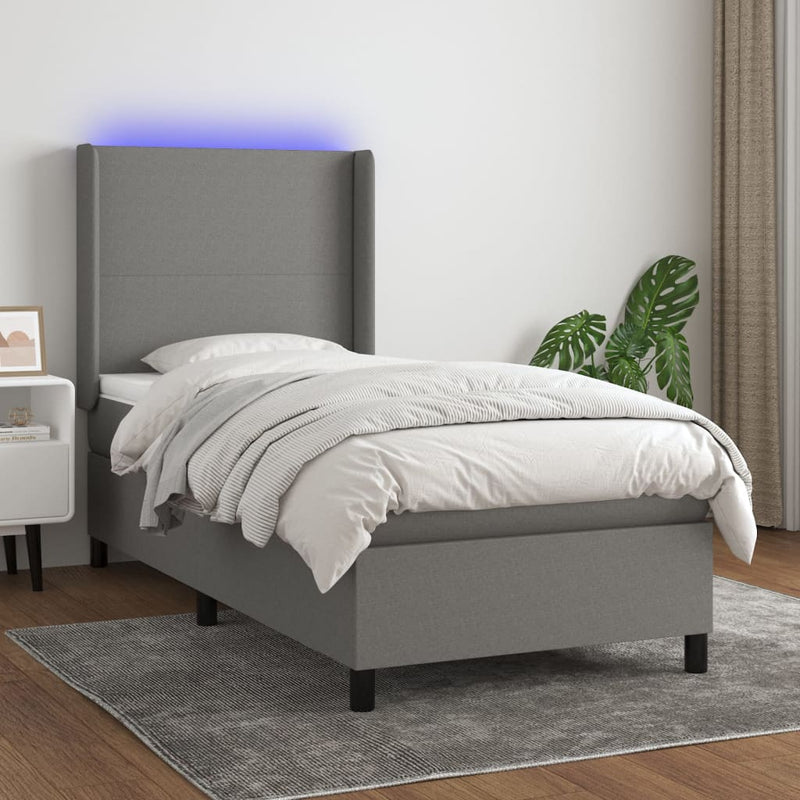 vidaXL sötétszürke szövet rugós és LED-es ágy matraccal 100x200 cm
