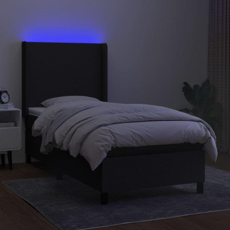vidaXL fekete szövet rugós és LED-es ágy matraccal 100x200 cm