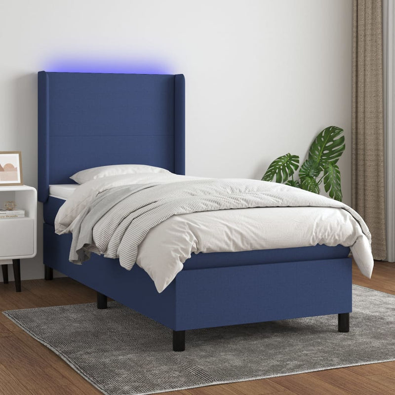 vidaXL kék szövet rugós és LED-es ágy matraccal 100x200 cm