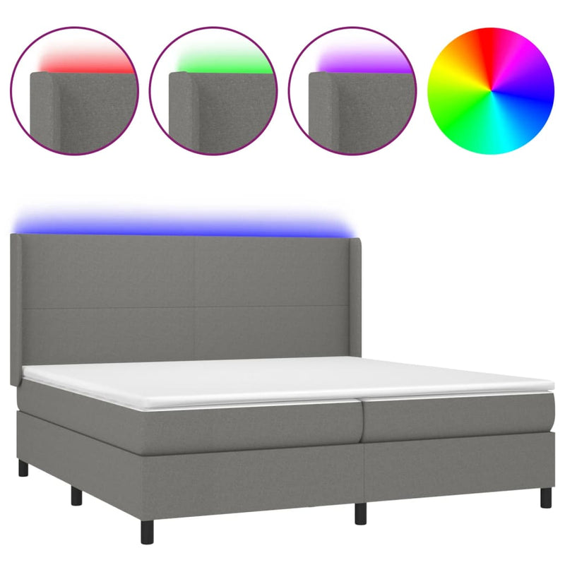 vidaXL sötétszürke szövet rugós és LED-es ágy matraccal 200x200 cm