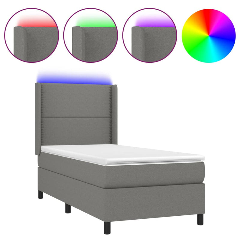 vidaXL sötétszürke szövet rugós és LED-es ágy matraccal 90x190 cm