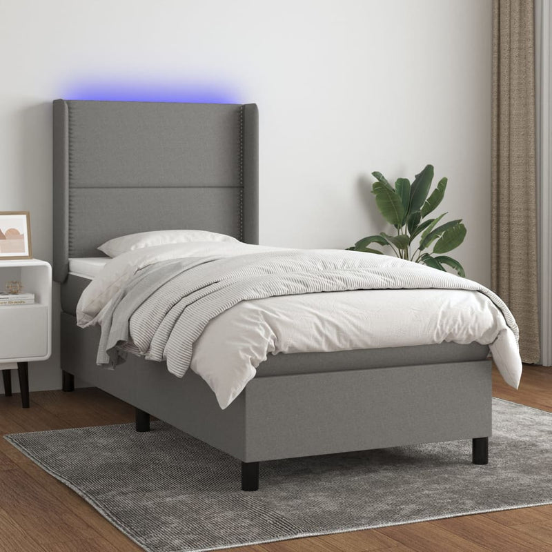 vidaXL sötétszürke szövet rugós és LED-es ágy matraccal 90x190 cm