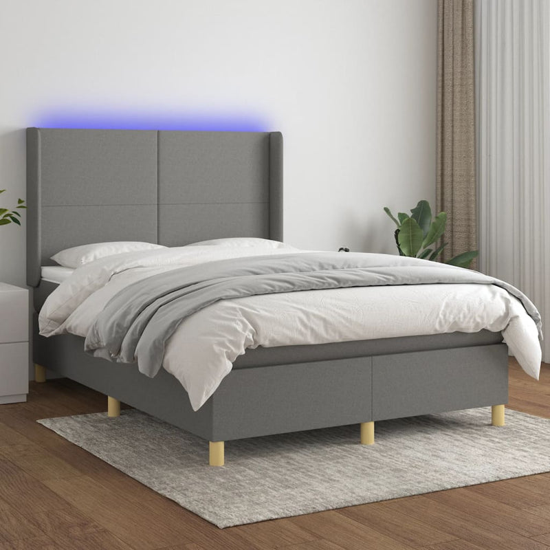 vidaXL sötétszürke szövet rugós és LED-es ágy matraccal 140x190 cm