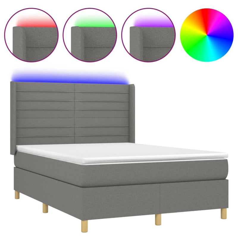 vidaXL sötétszürke szövet rugós és LED-es ágy matraccal 140x190 cm
