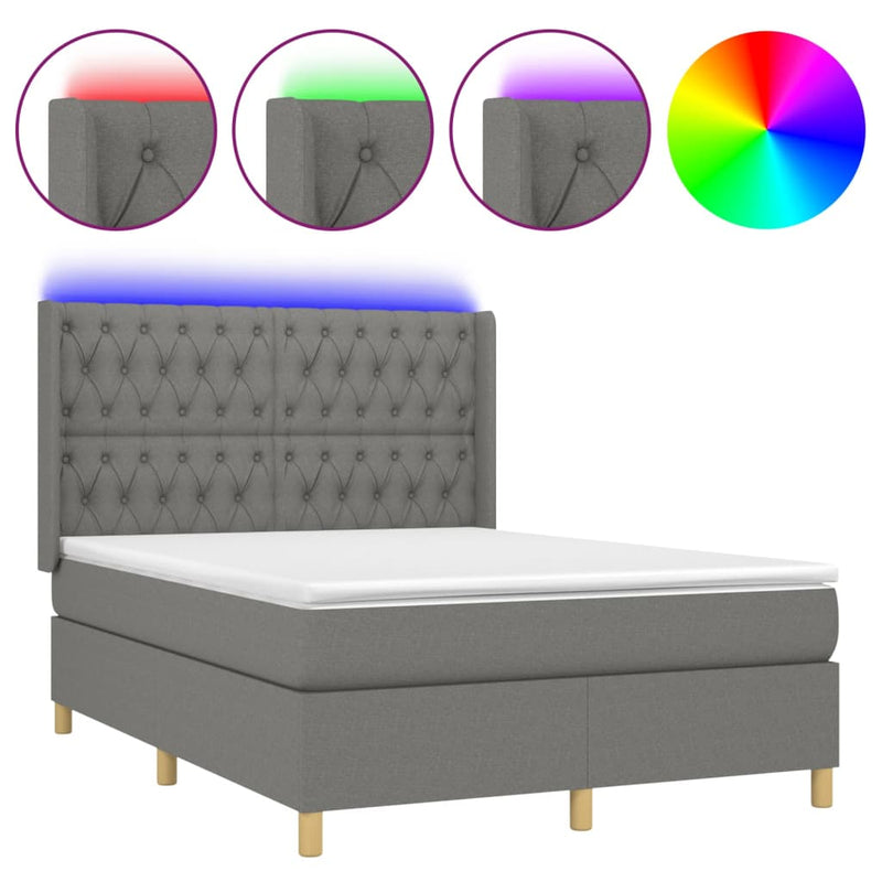 vidaXL sötétszürke szövet rugós és LED-es ágy matraccal 140x190 cm