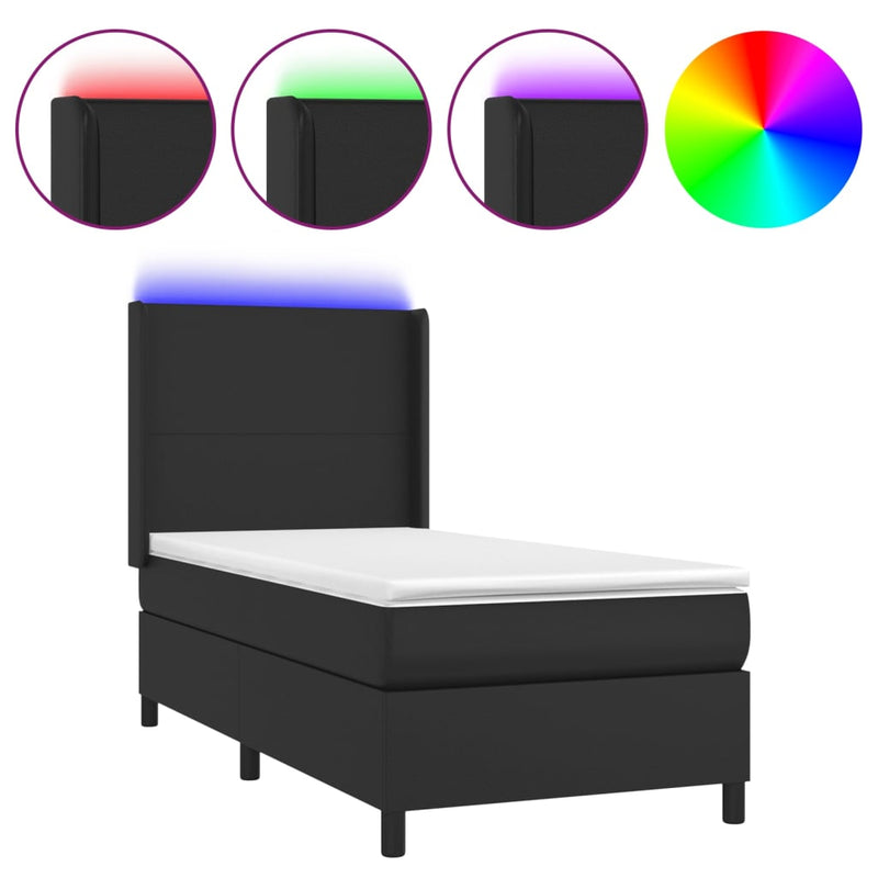 vidaXL fekete műbőr rugós ágy matraccal és LED-del 90x190 cm