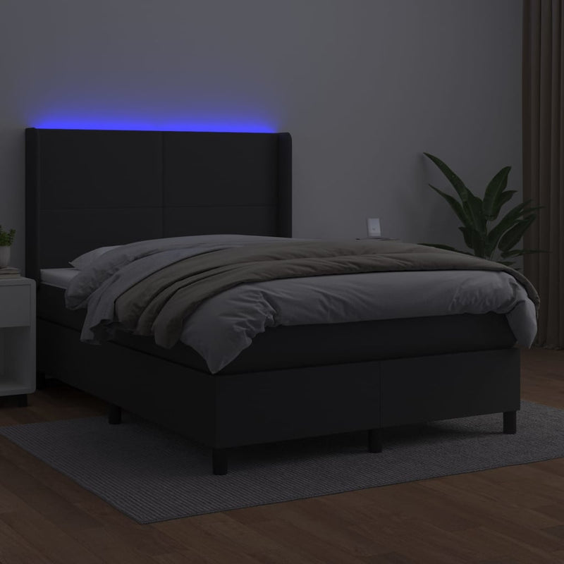 vidaXL fekete műbőr rugós ágy matraccal és LED-del 140 x 190 cm
