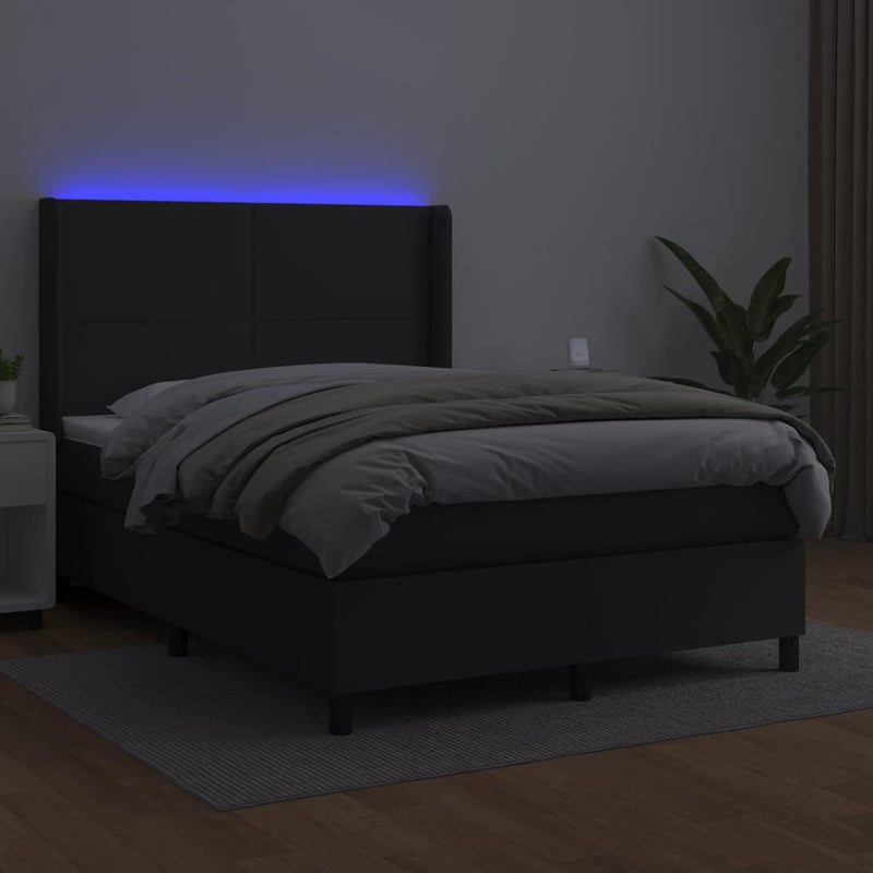 vidaXL fekete műbőr rugós ágy matraccal és LED-del 140x200 cm
