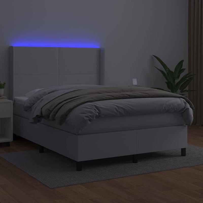 vidaXL fehér műbőr rugós ágy matraccal és LED-del 140x200 cm