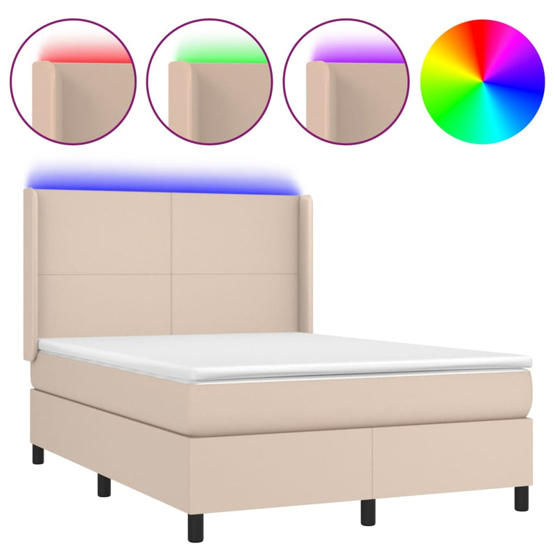 vidaXL cappuccino színű műbőr rugós ágy matraccal és LED-del 140x200cm