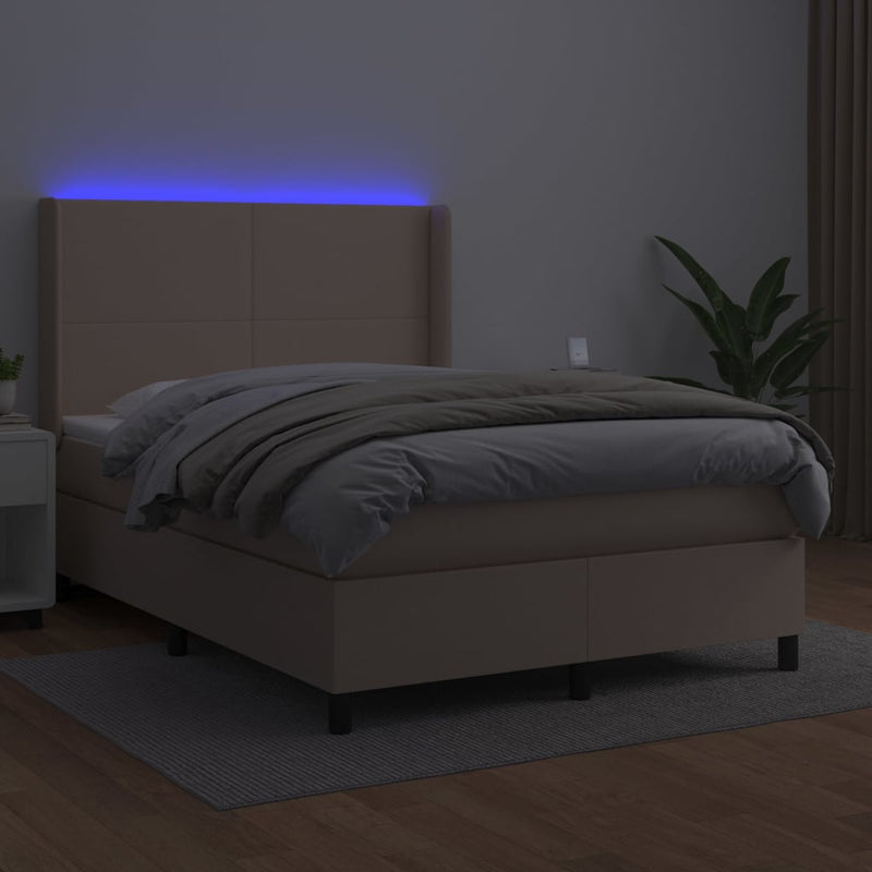 vidaXL cappuccino színű műbőr rugós ágy matraccal és LED-del 140x200cm