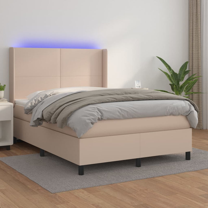 vidaXL cappuccino színű műbőr rugós ágy matraccal és LED-del 140x200cm