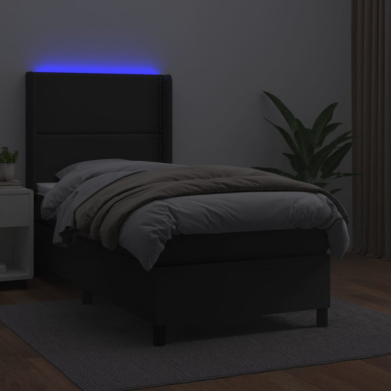 vidaXL fekete műbőr rugós ágy matraccal és LED-del 90x190 cm