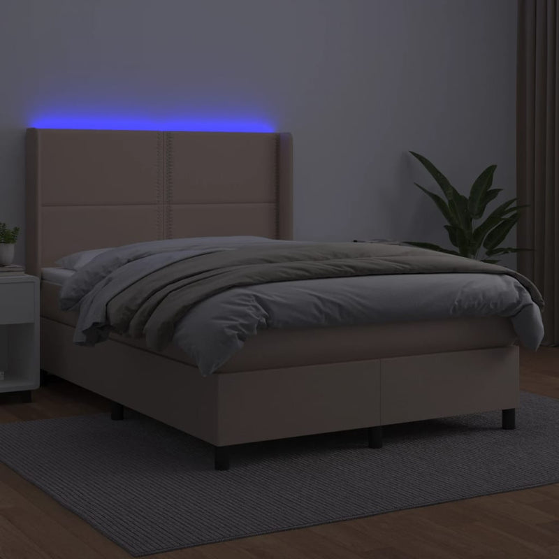 vidaXL cappuccino színű műbőr rugós ágy matraccal és LED-del 140x190cm
