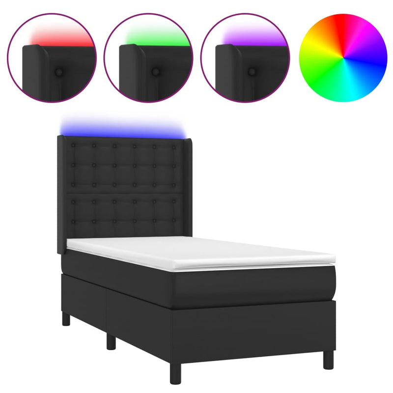 vidaXL fekete műbőr rugós ágy matraccal és LED-del 90x190 cm