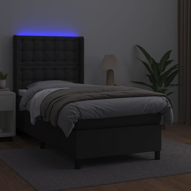 vidaXL fekete műbőr rugós ágy matraccal és LED-del 90x190 cm