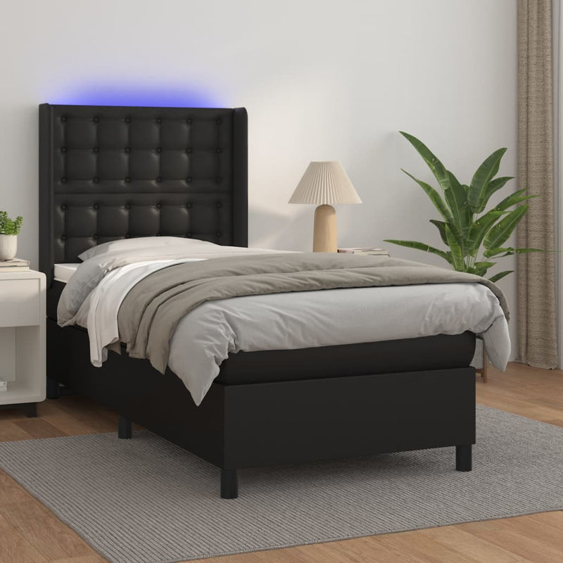 vidaXL fekete műbőr rugós ágy matraccal és LED-del 90x190 cm