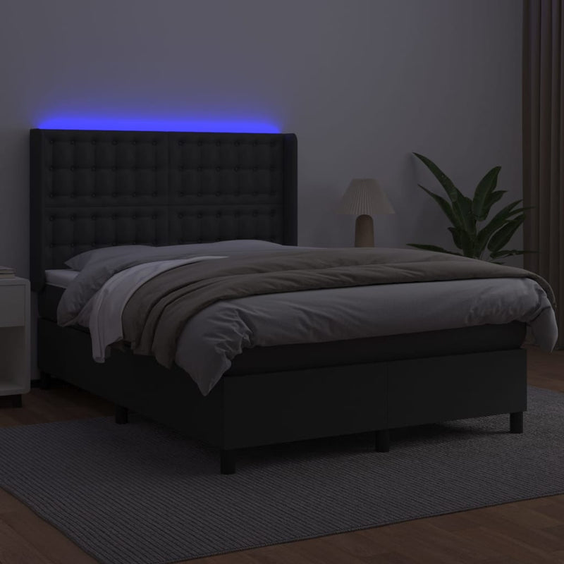 vidaXL fekete műbőr rugós ágy matraccal és LED-del 140 x 190 cm