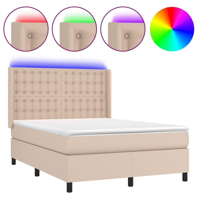 vidaXL cappuccino színű műbőr rugós ágy matraccal és LED-del 140x200cm