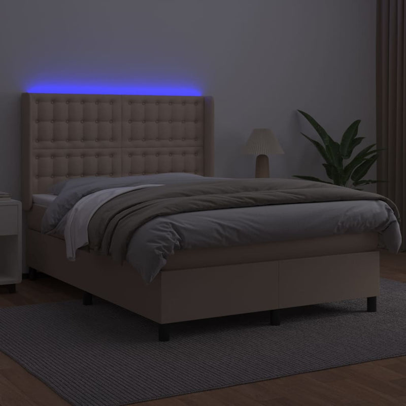 vidaXL cappuccino színű műbőr rugós ágy matraccal és LED-del 140x200cm