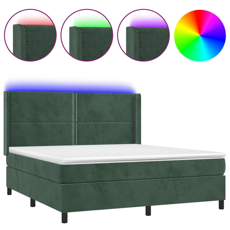 vidaXL sötétzöld bársony rugós és LED-es ágy matraccal 160x200 cm
