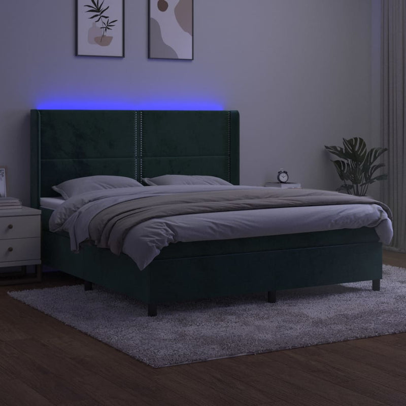 vidaXL sötétzöld bársony rugós és LED-es ágy matraccal 160x200 cm