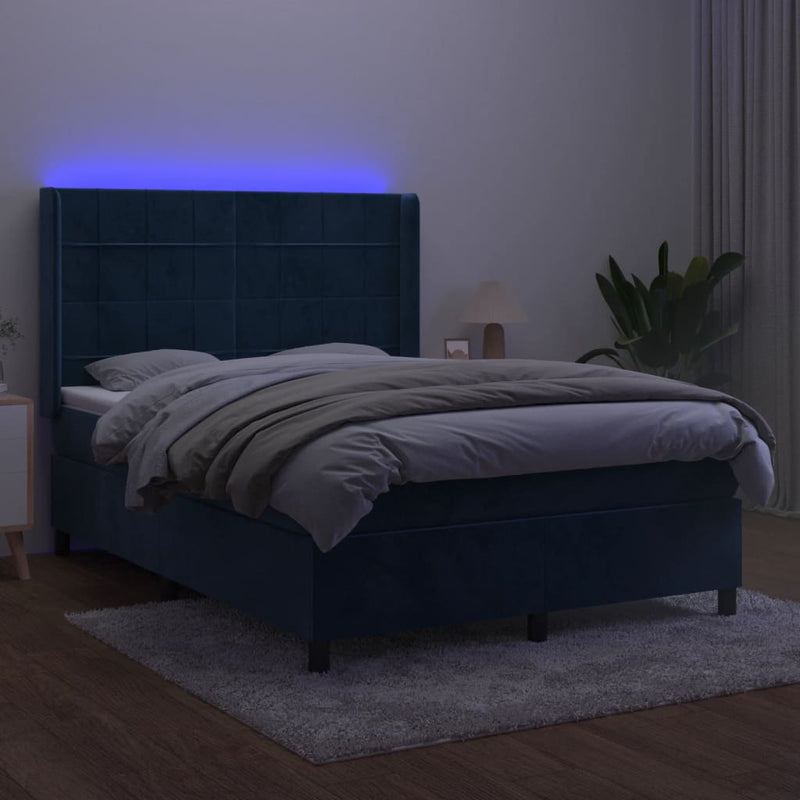 vidaXL sötétkék bársony rugós és LED-es ágy matraccal 140x190 cm