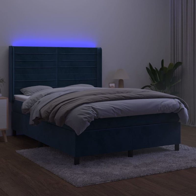 vidaXL sötétkék bársony rugós és LED-es ágy matraccal 140x190 cm