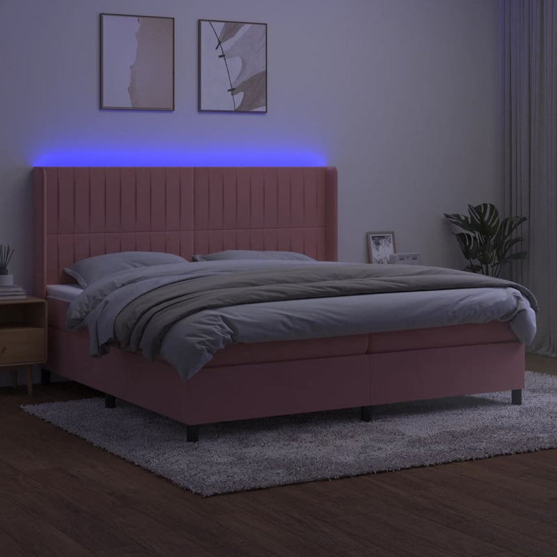 vidaXL rózsaszín bársony rugós és LED-es ágy matraccal 200x200 cm