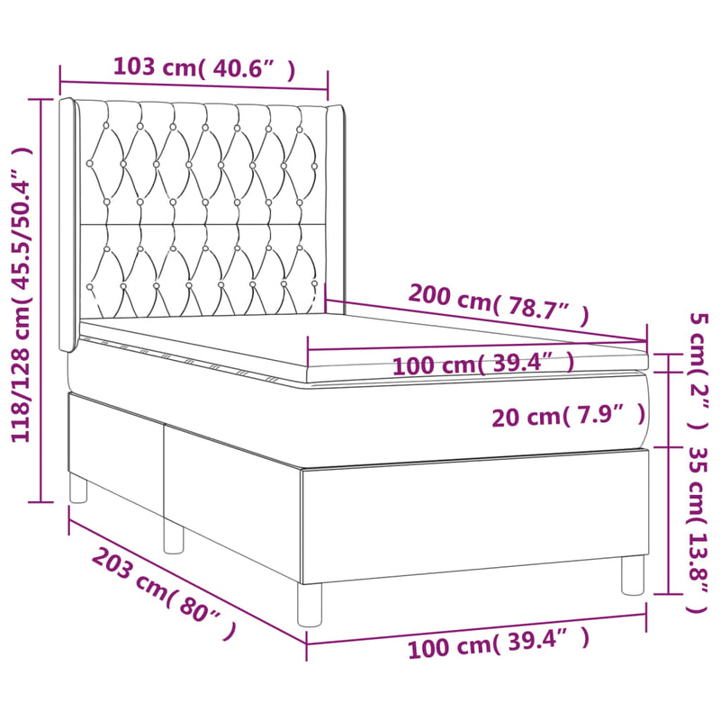 vidaXL fekete bársony rugós és LED-es ágy matraccal 100x200 cm