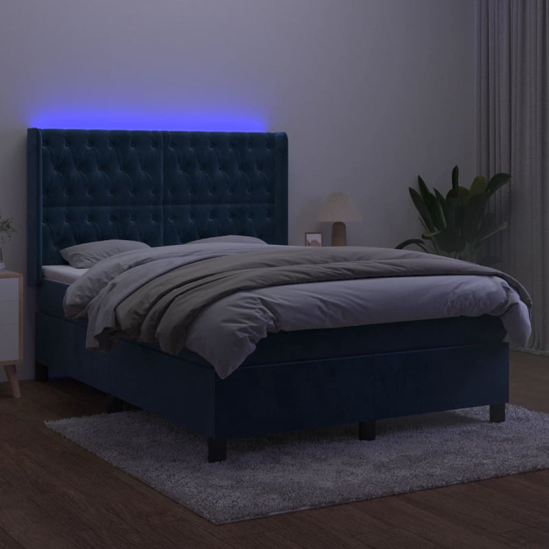 vidaXL sötétkék bársony rugós és LED-es ágy matraccal 140x190 cm