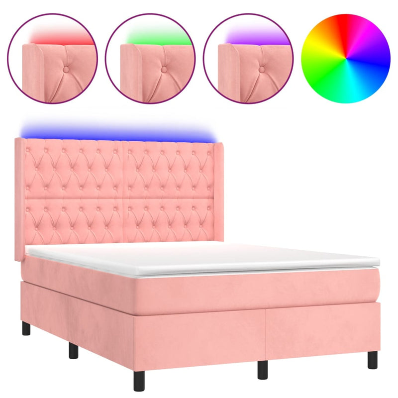 vidaXL rózsaszín bársony rugós és LED-es ágy matraccal 140x190 cm
