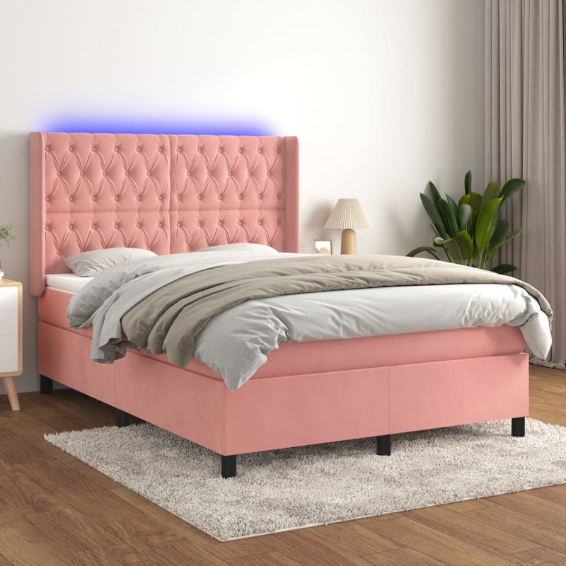vidaXL rózsaszín bársony rugós és LED-es ágy matraccal 140x190 cm